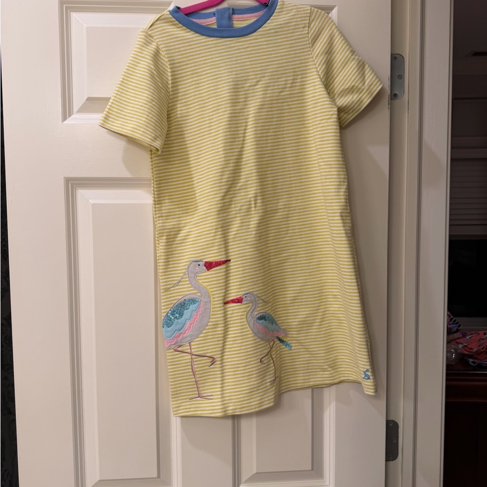 Joules Yellow Striped Dress with Bird Design
